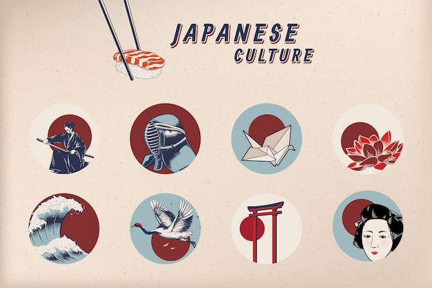 Vecteur gratuit icônes culturelles japonaises célèbres