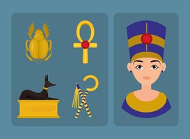 Vecteur gratuit icônes définies egypte statue et ornements