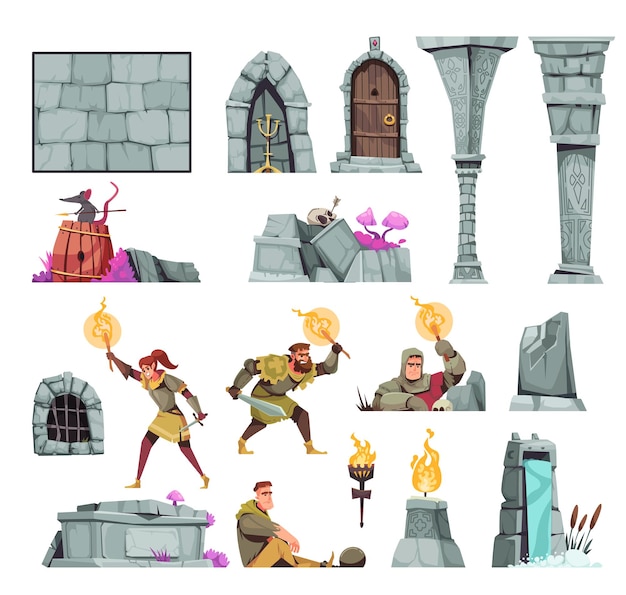 Vecteur gratuit icônes de dessin animé de château médiéval sertie de personnes avec des torches dans des donjons isolés illustration vectorielle