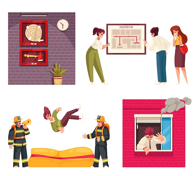 Vecteur gratuit icônes de dessin animé d'évacuation sertie de personnes s'échappant de la maison en feu illustration vectorielle isolée