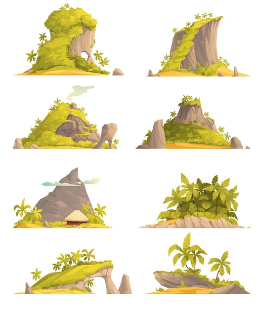 Vecteur gratuit icônes de dessin animé d'île tropicale sertie d'illustration vectorielle isolée de forêt rocheuse