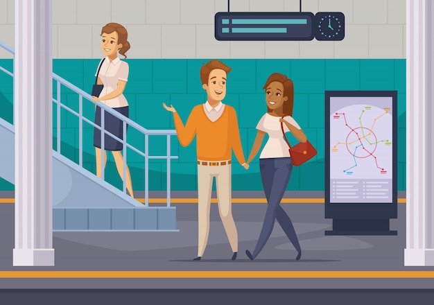 Vecteur gratuit icônes de dessin animé de passagers souterrains de métro