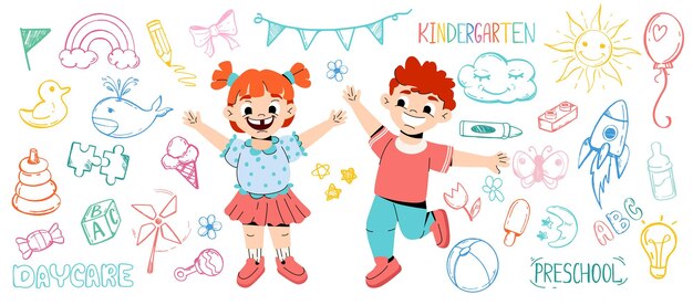 Vecteur gratuit des icônes de dessins animés drôles d'enfants à la maternelle jouant avec des jouets