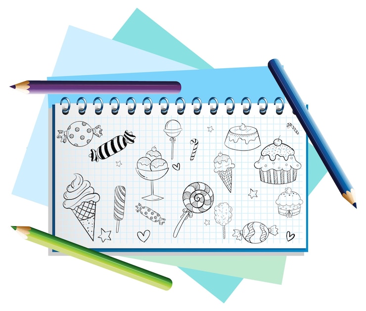 Vecteur gratuit icônes de doodle dessinés à la main sur la page du cahier
