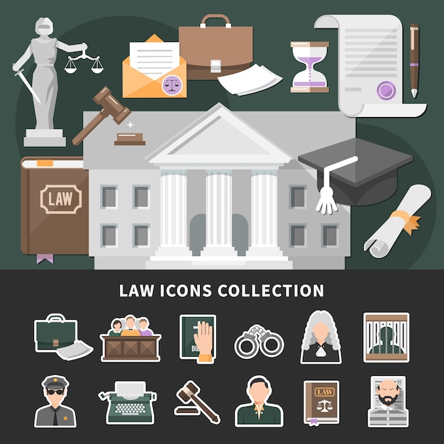 Vecteur gratuit icônes de droit avec ensemble d'icônes de justice de style emoji isolés