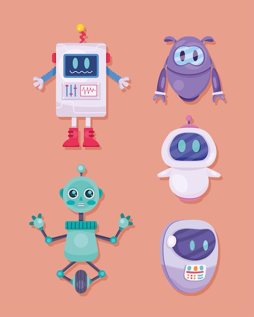 Vecteur gratuit icônes électriques de cinq robots