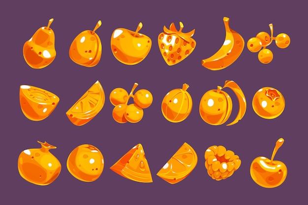 Vecteur gratuit icônes de fruits et de baies d'or pour l'interface de jeu
