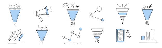 Icônes de griffonnage d'entonnoir de vente, haut-parleur de signes d'entreprise linéaire, graphiques ou graphiques d'infographie, paiement par smartphone, attraction des clients, stratégie de gestion et analyse de données, illustration vectorielle d'art en ligne