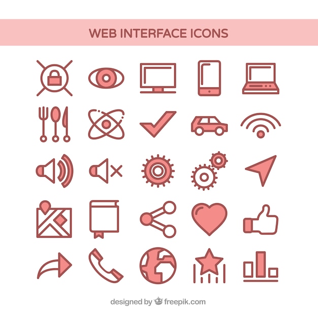 Vecteur gratuit icônes de l'interface web dans la couleur rouge