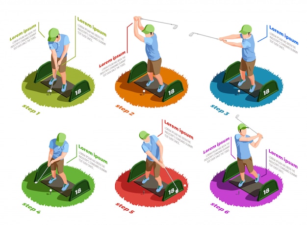 Vecteur gratuit icônes isolées isométriques de joueurs de golf