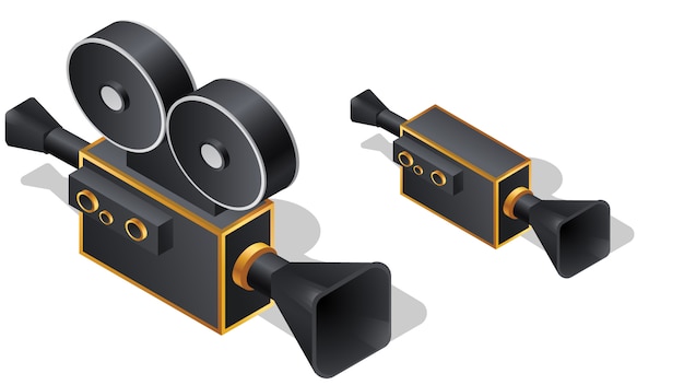 Icônes isométriques de caméra de cinéma rétro, vecteur de dessin animé