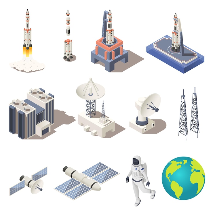 Vecteur gratuit icônes isométriques de recherche spatiale sertie de centre de commandement radar de la planète terre astronaute fusée isolé sur fond blanc illustration vectorielle 3d