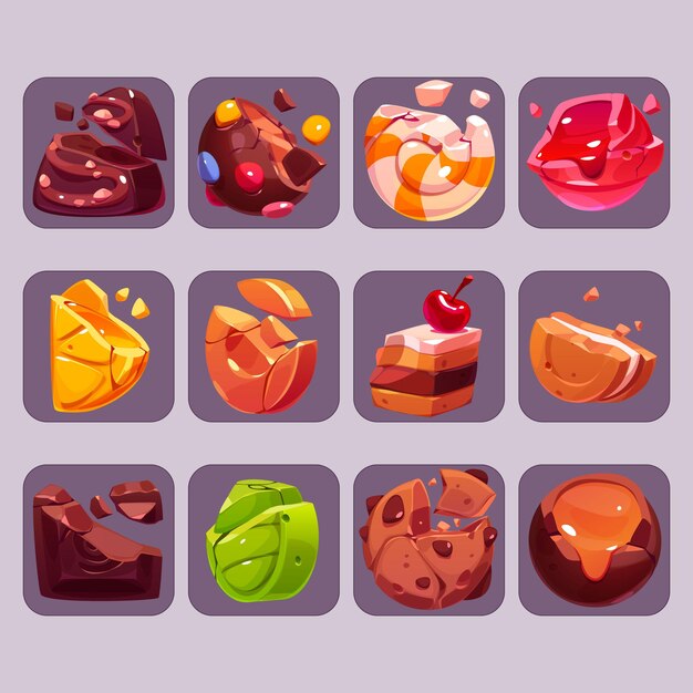 Vecteur gratuit icônes de jeu de bonbons cassés dessin animé bonbons écrasés avec des bouchées et des miettes truffe au chocolat praliné sucette au caramel gâteau au caramel sandwich au beignet biscuit et tranche de citron ensemble d'éléments vectoriels de l'interface utilisateur