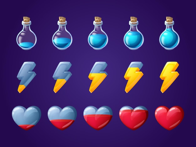 Vecteur gratuit icônes de jeu de coeur, de foudre et de bouteille de potion