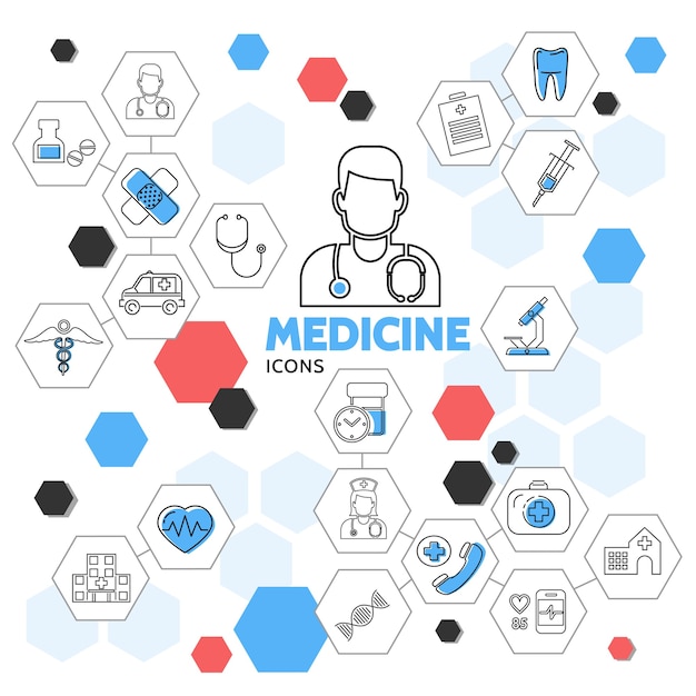 Icônes De Ligne De Médecine Dans La Collection D'hexagones Avec Médecin Infirmière Pilules Ambulance Voiture Dent équipement Médical