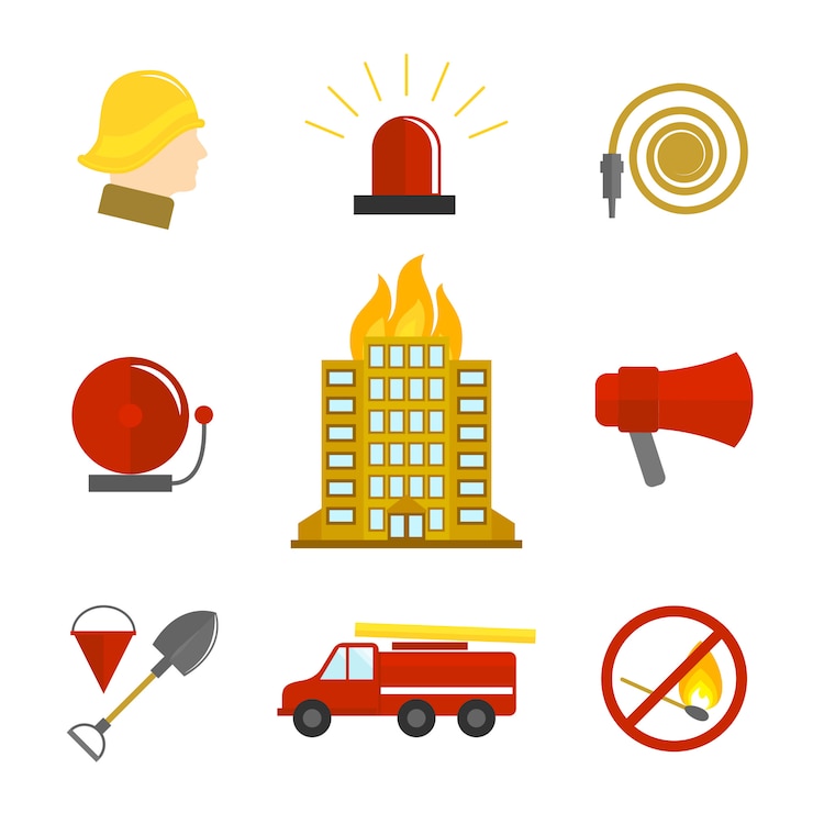 Vecteur gratuit icônes de lutte contre les incendies à plat