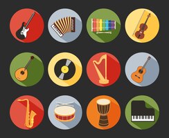 Vecteur gratuit icônes musicales plates colorées isolées sur fond noir