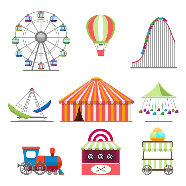 Vecteur gratuit icônes de parc d'attractions définies dans un style design plat