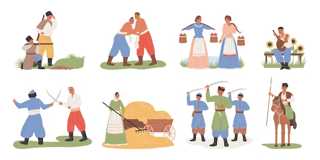 Vecteur gratuit des icônes plates de cosaques avec des hommes et des femmes en costumes traditionnels ukrainiens illustration vectorielle isolée