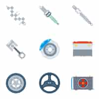 Vecteur gratuit icônes plates de pièces de rechange de voiture. outil et réparation, conception de moteur et illustration de roue