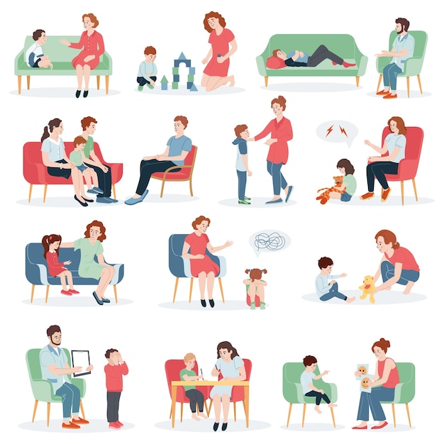 Vecteur gratuit icônes plates de psychologue pour enfants sertie de scènes de conseil psychologique pour enfants illustration vectorielle isolée
