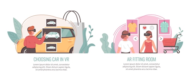 Vecteur gratuit icônes plates de réalité augmentée virtuelle sertie de voiture et de vêtements shopping illustration vectorielle isolée
