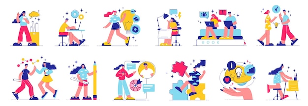 Icônes plates sertie d'éléments colorés personnes remue-méninges travaillant au bureau isolé sur illustration vectorielle fond blanc