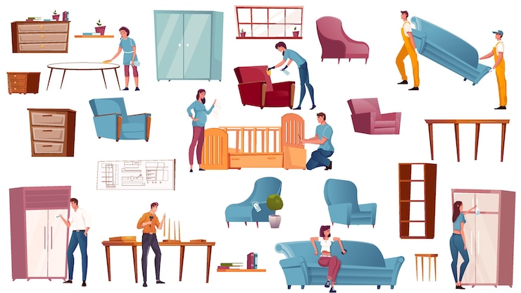 Vecteur gratuit icônes plates serties de divers meubles et personnes faisant l'achat d'assemblage table de nettoyage tabouret fauteuil armoire isolé illustration vectorielle