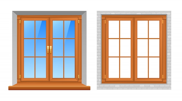Icônes réalistes de fenêtres en bois intérieur extérieur