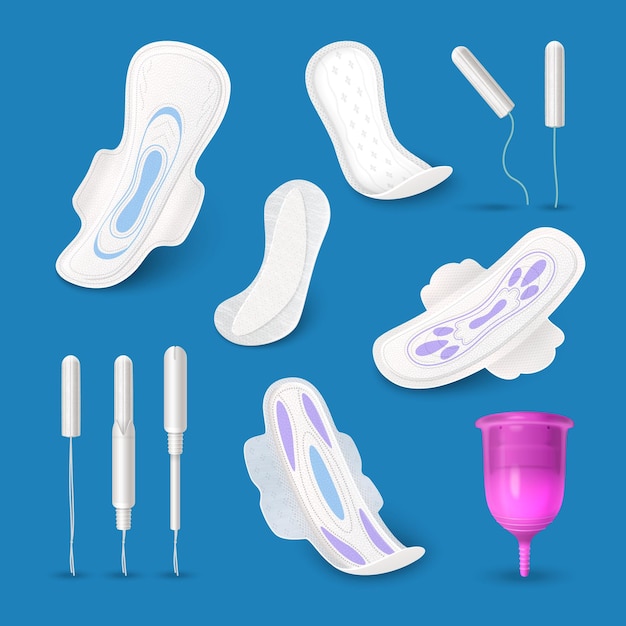 Vecteur gratuit icônes réalistes d'hygiène féminine sertie de serviettes hygiéniques et illustration vectorielle de coupe menstruelle isolée