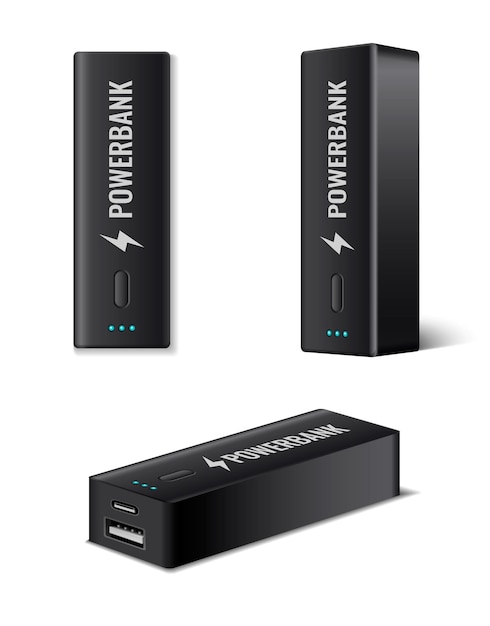 Vecteur gratuit icônes réalistes powerbank sertie de dispositifs de chargeur de batterie noir isolé illustration vectorielle