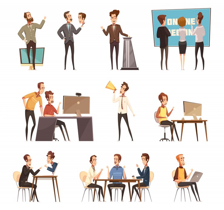 Vecteur gratuit icônes de réunion en ligne avec ordinateur portable et dessin animé de personnes isolées