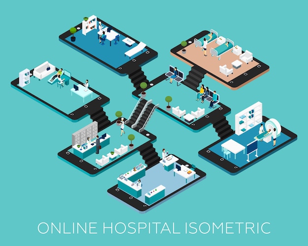 Icônes De Schéma Isométrique D'hôpital En Ligne