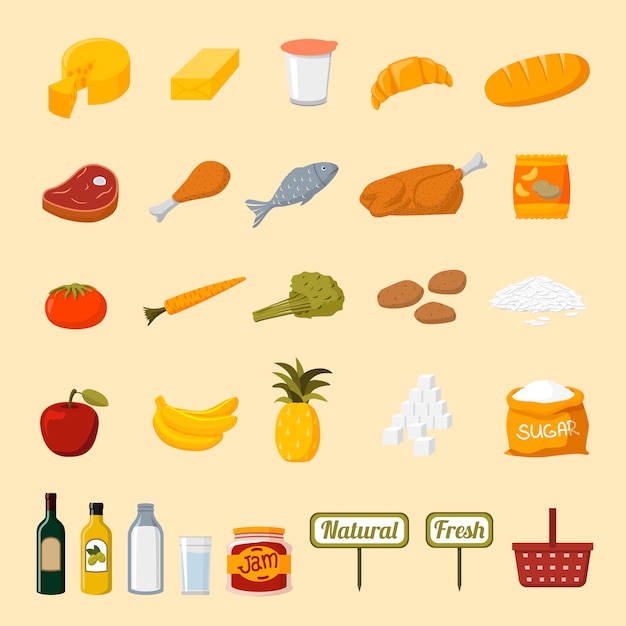 Vecteur gratuit icônes de sélection d'aliments de supermarché