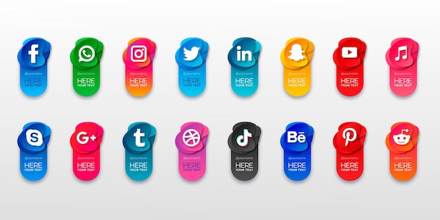 Vecteur gratuit les icônes de sites web sociaux populaires avec des bannières définissent des icônes gratuites