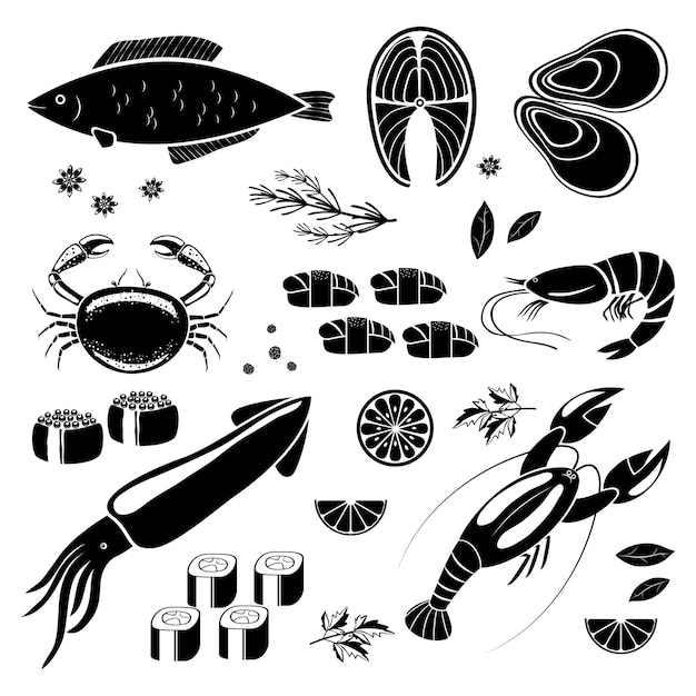 Vecteur gratuit icônes vectorielles de fruits de mer silhouettes noires