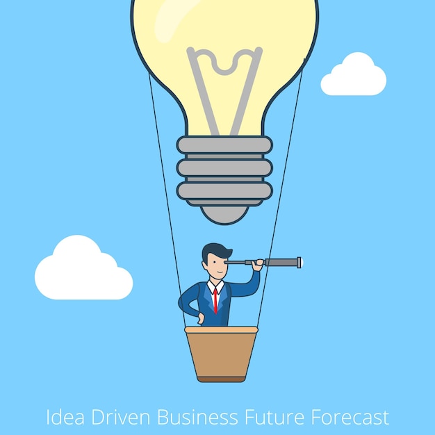 Vecteur gratuit idée de style linéaire art ligne plate axée sur le concept de prévision future de l'entreprise. vision d'entreprise. lampe de ballon volant homme d'affaires.