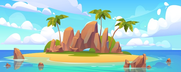 Vecteur gratuit Île dans l'océan, île inhabitée avec plage de sable