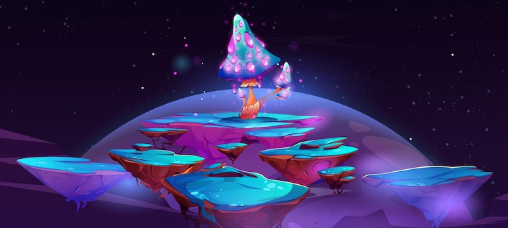Vecteur gratuit îles flottantes avec champignon magique la nuit