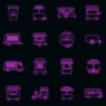 Illustration de 16 icônes vectorielles de véhicule de kiosque de nourriture de rue couleur néon sur fond noir