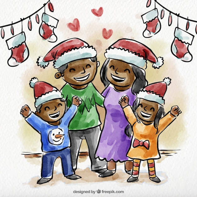 Vecteur gratuit illustration de l'aquarelle famille heureuse avec le père noël chapeaux