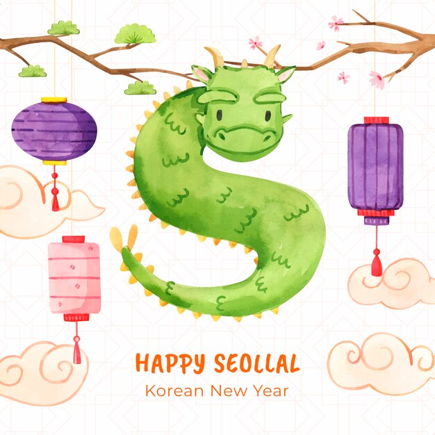 Illustration à l'aquarelle pour la fête de Seollal en Corée