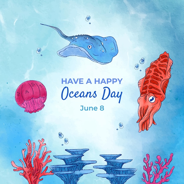 Illustration Aquarelle Pour La Journée Mondiale Des Océans Avec Des Créatures Aquatiques