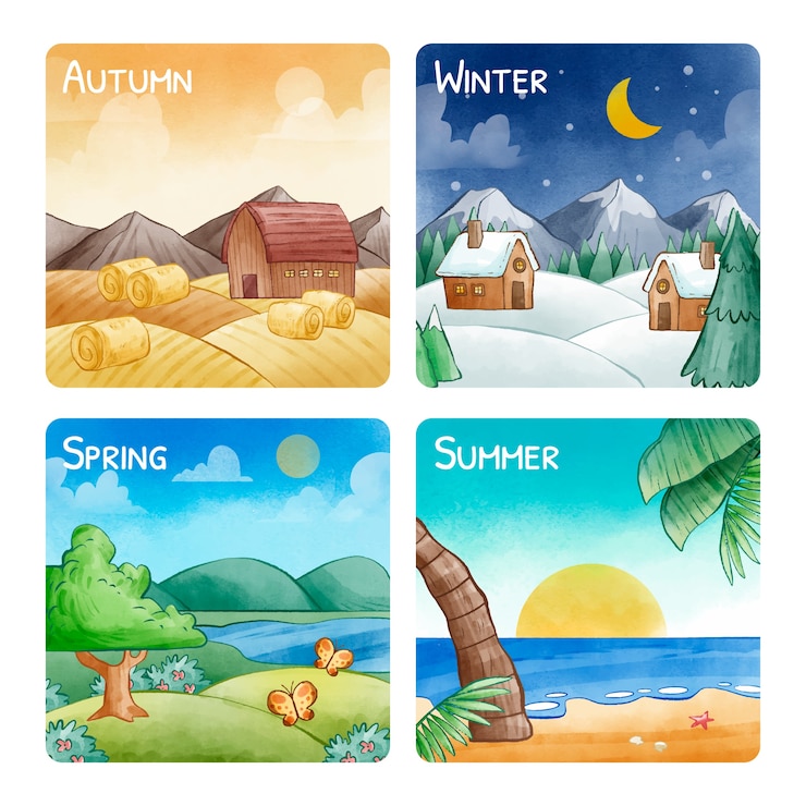 Vecteur gratuit illustration à l'aquarelle des quatre saisons