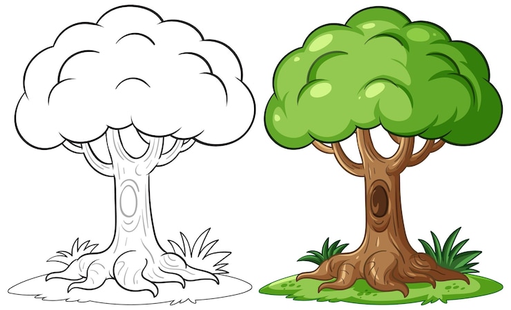 Vecteur gratuit illustration d'arbre de dessin animé en couleur et en contour