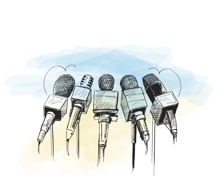 Vecteur gratuit illustration d'art de ligne de microphones et d'enregistreurs pour le symbole du journalisme