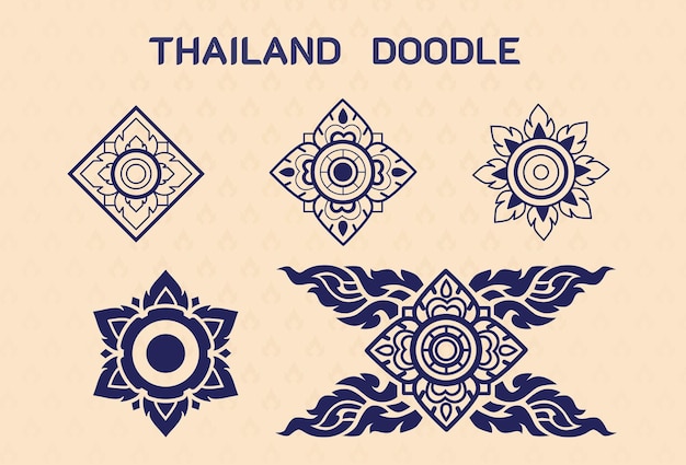 Vecteur gratuit illustration d'art thaïlandais de ligne complémentaire icône d'éléments de conception de doodle thaïlandais pour la conception de produits de luxe isolé sur fond noir