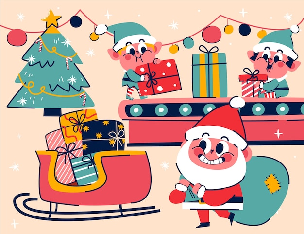 Vecteur gratuit illustration de l'atelier du père noël plat