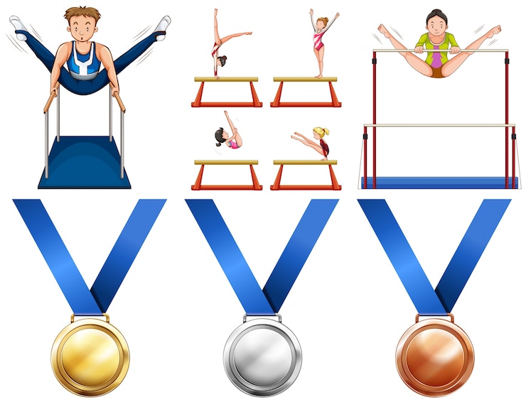 Vecteur gratuit illustration des athlètes de gymnastique et des médailles sportives