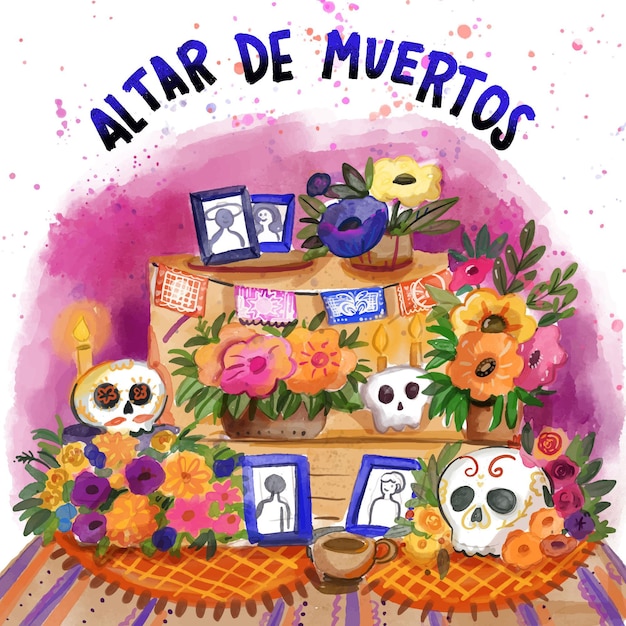 Vecteur gratuit illustration de l'autel de la maison familiale dia de muertos à l'aquarelle